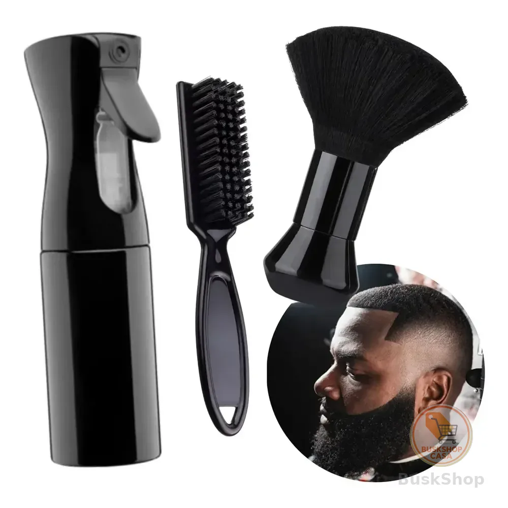 Escova Degradê Espanador Barbeiro Escovinha Borrifador Névoa Kit Jl Eletro Preto