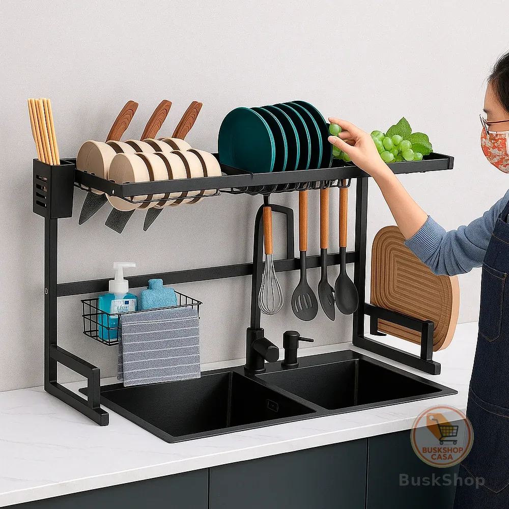 Escorredor De Louças 12 Pratos Organizador Cozinha Suspensa Preto Aço Inoxidável Rack Oliver Home