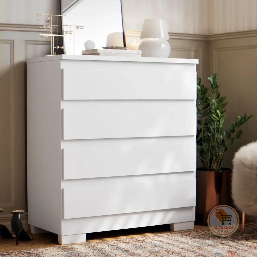 Cômoda 4 Gavetas Com Corrediças Telescópicas e Pés Para Quarto De Casal Grande Em MDF Imperial
