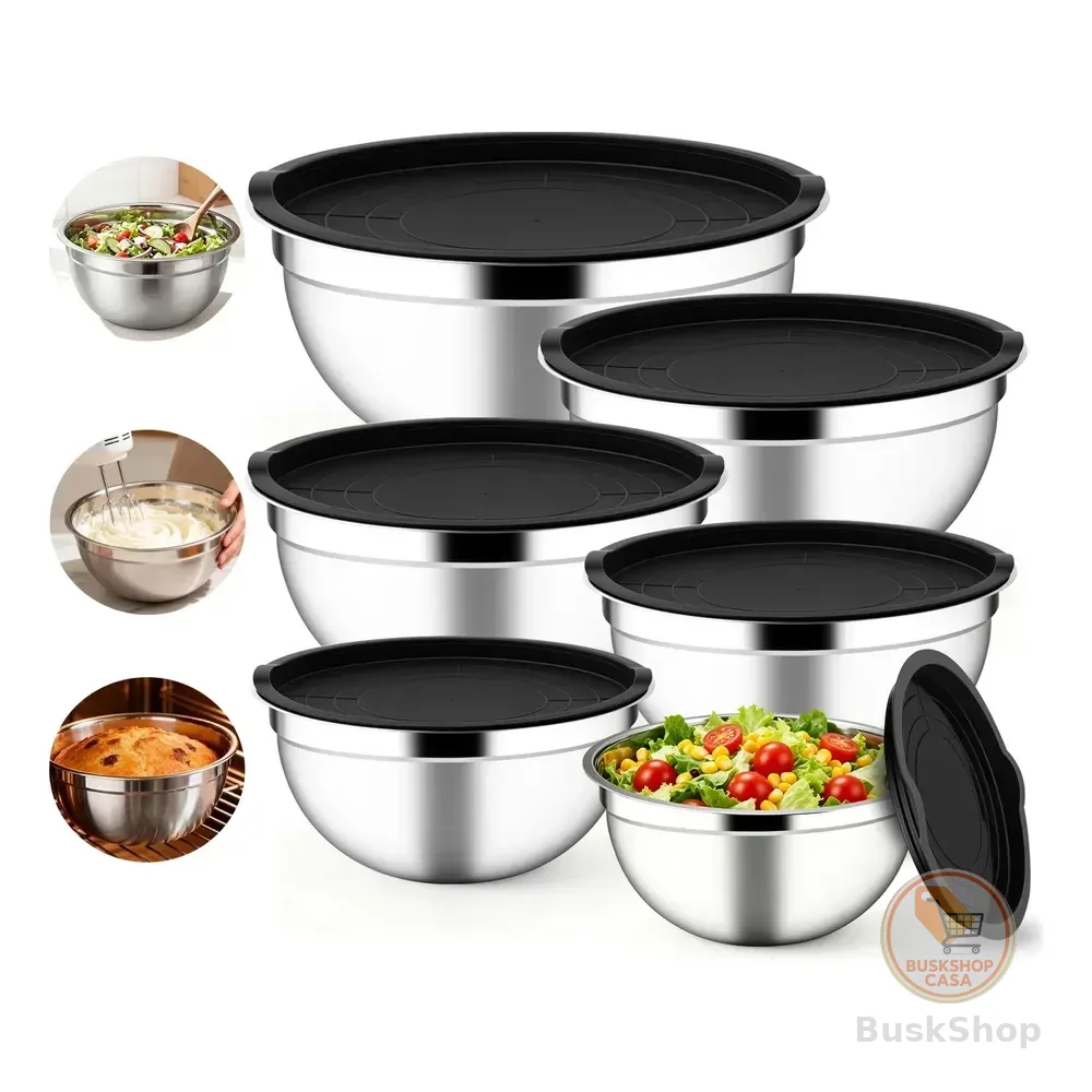 5 Bowls Tigelas Inox Com Tampa Plástica Utensilios Cozinha Inox