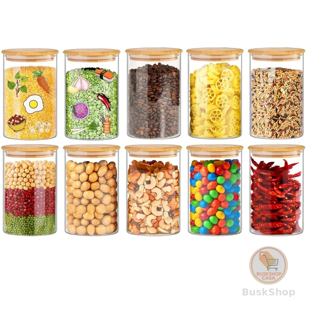 Jogo 10 Potes Hermetico Vidro 200ml Alimentos Tampa Bambu