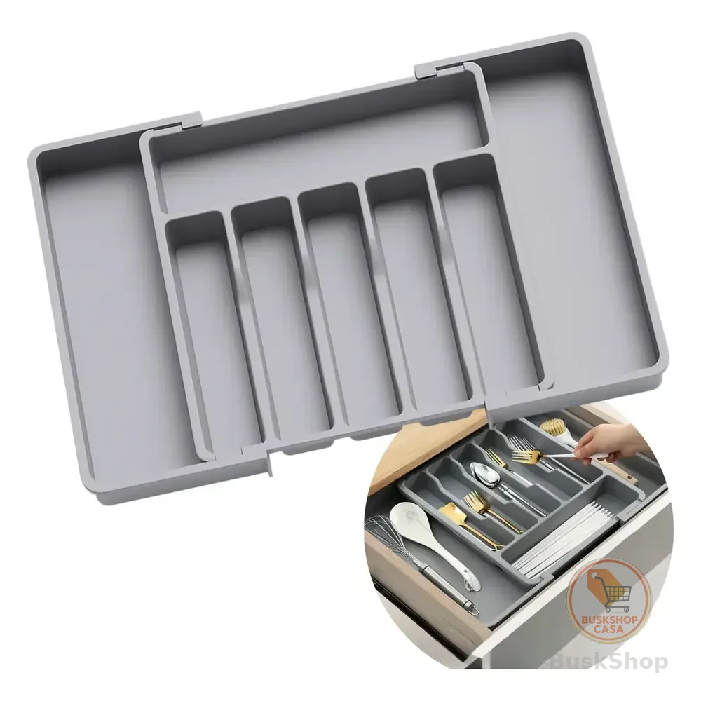 Organizador Porta Talheres Gaveta Cozinha Extensor Duplo Cinza