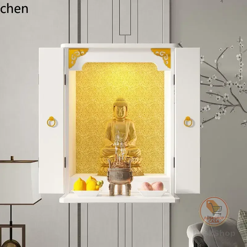 r5.20 Santuário Doméstico de Buda com Porta, Mesa de Ofertas, Armário Simples e Moderno para o Deus da Riqueza, Mesa de Altar para Adoração (sem Buda)
