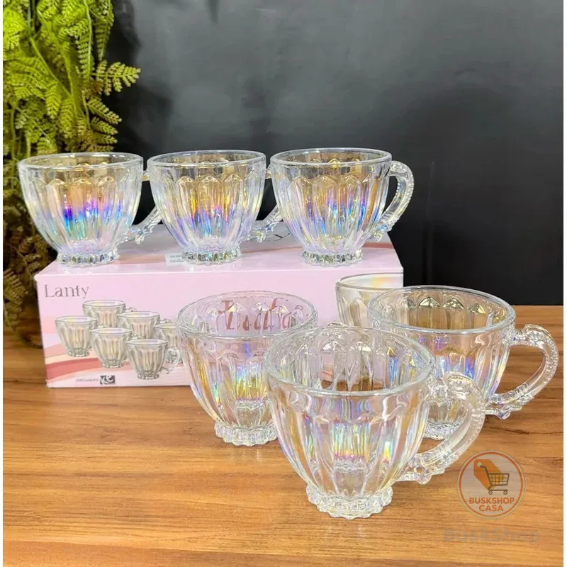 Xícaras de Chá Café 200ml Itália Rainbow Ambar Jogo 6 Peças Canecas Cristal Brilhante Luxuoso Rose
