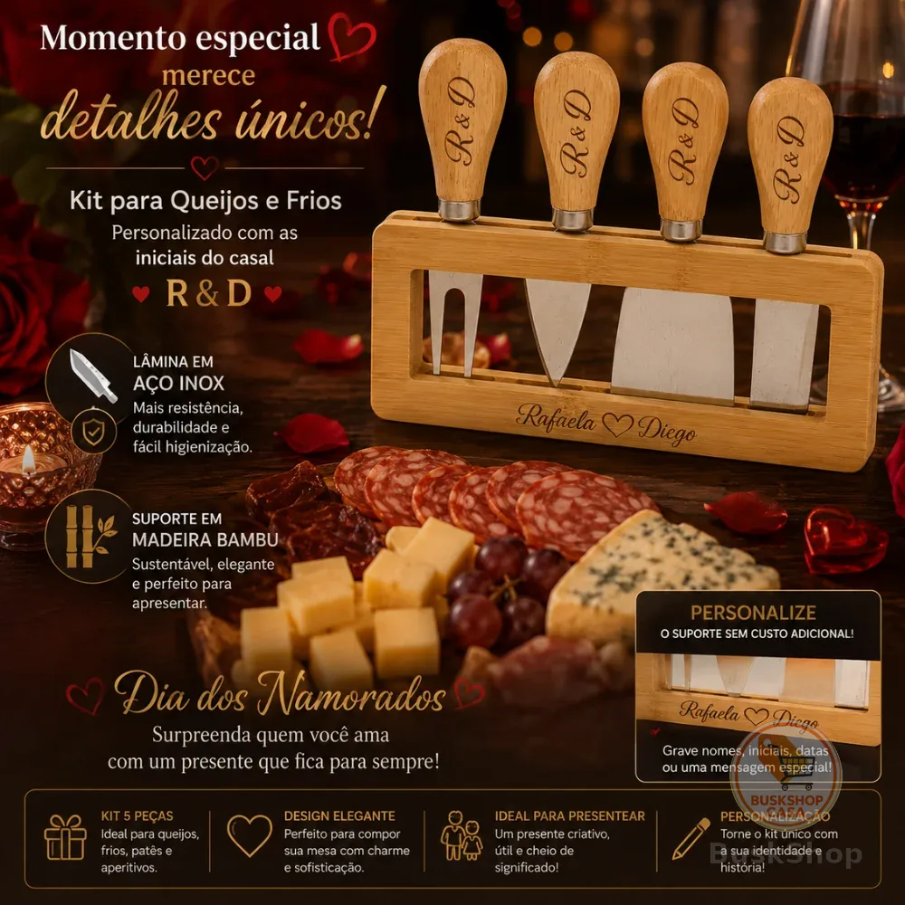 Kit Espátulas Para Queijo E Frios Com 4 Peças Em Aço Inox Com Cabo e Suporte Em Bambu Premium Podendo Personalizar