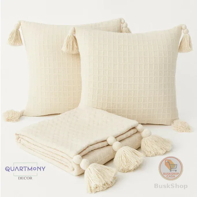 Kit Pompom Peseira Completo Para Cama Sofá ( Peseira + Capa De Almofada ) Decorativa Moderno