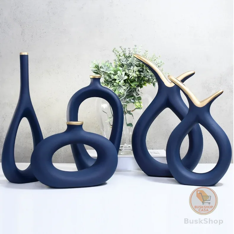 Conjunto 5 Peças Kit Enfeite Cerâmica Vasos Sala Completo Decorativas Trio Rack Centro Mesa Cozinha