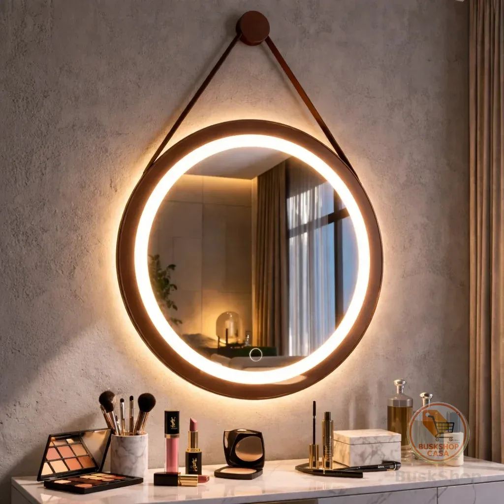 Espelho Adnet Com Touch e Led 3 Cores Jateado com borda em Couro Premium 40 a 60cm