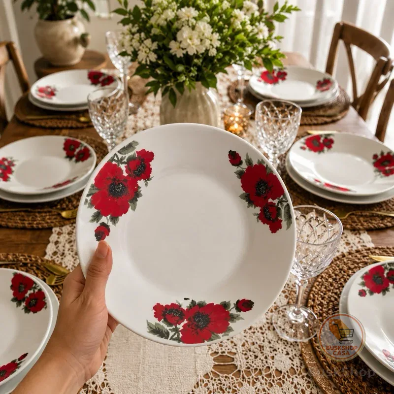 KIT Prato Redondo de Cerâmica 9" Decorado Floral – Prato para Refeições conjunto 4 ou 6 Unidades - jogo.