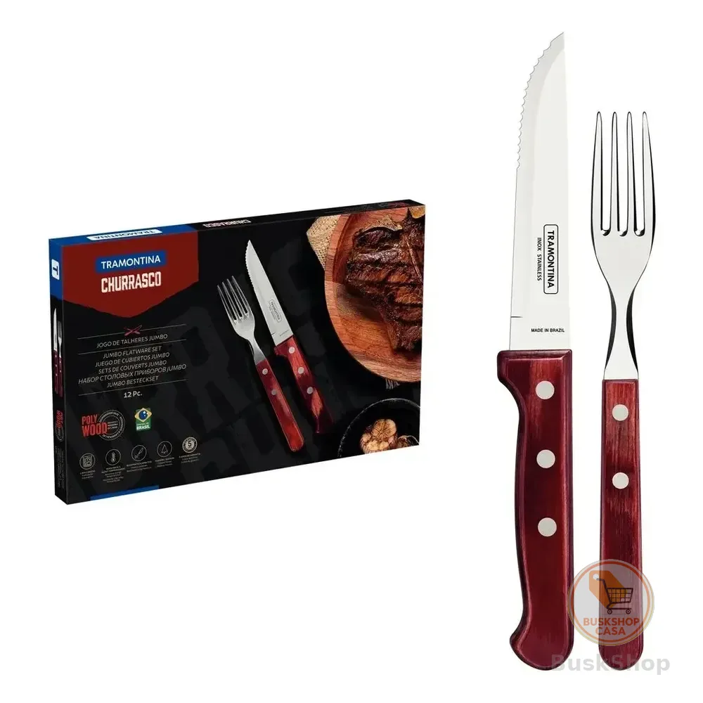 Jogo De Talheres Jumbo Churrasco Com Lâminas Em Aço Inox E Cabos De Madeira Polywood Vermelho 12 Peças Tramontina