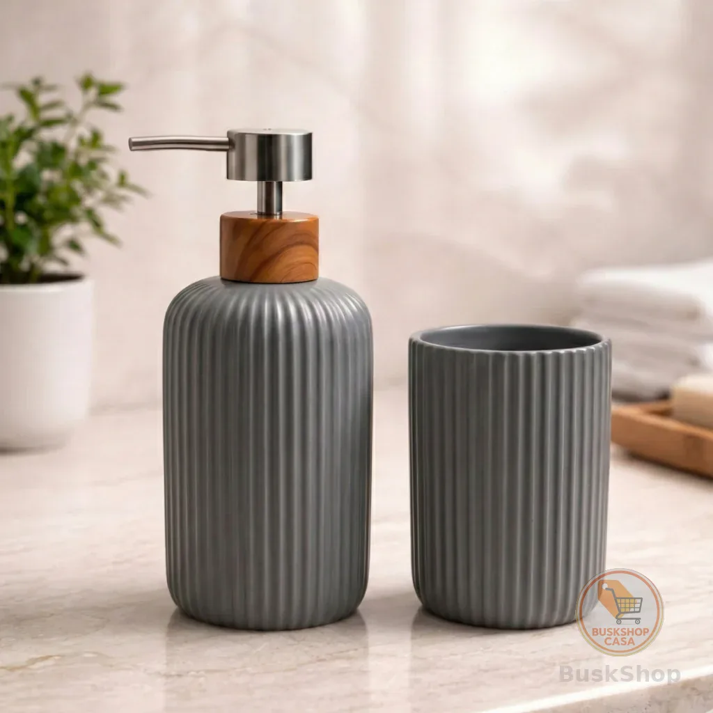 Kit Dispenser Porta Sabonete Liquido e Porta Escovas Acessórios Banheiro Porcelana Elegante Luxo