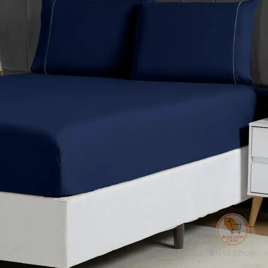 Jogo De Lençol Queen Micropercal 400 Fios Sofisticado 3pç Cor Azul-marinho Desenho Do Tecido Liso