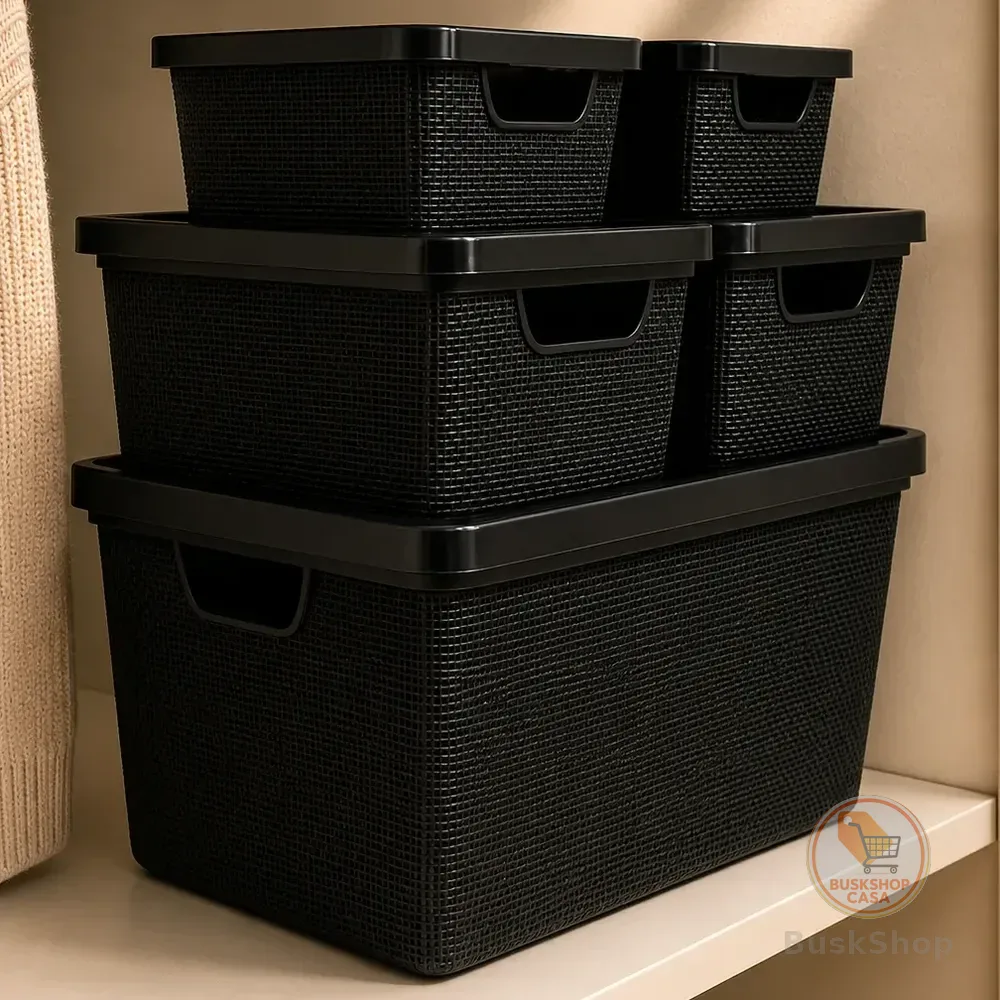 Kit 5 Caixas Organizadoras Cesto Tampa Multiuso 2l 6l 16l Preto