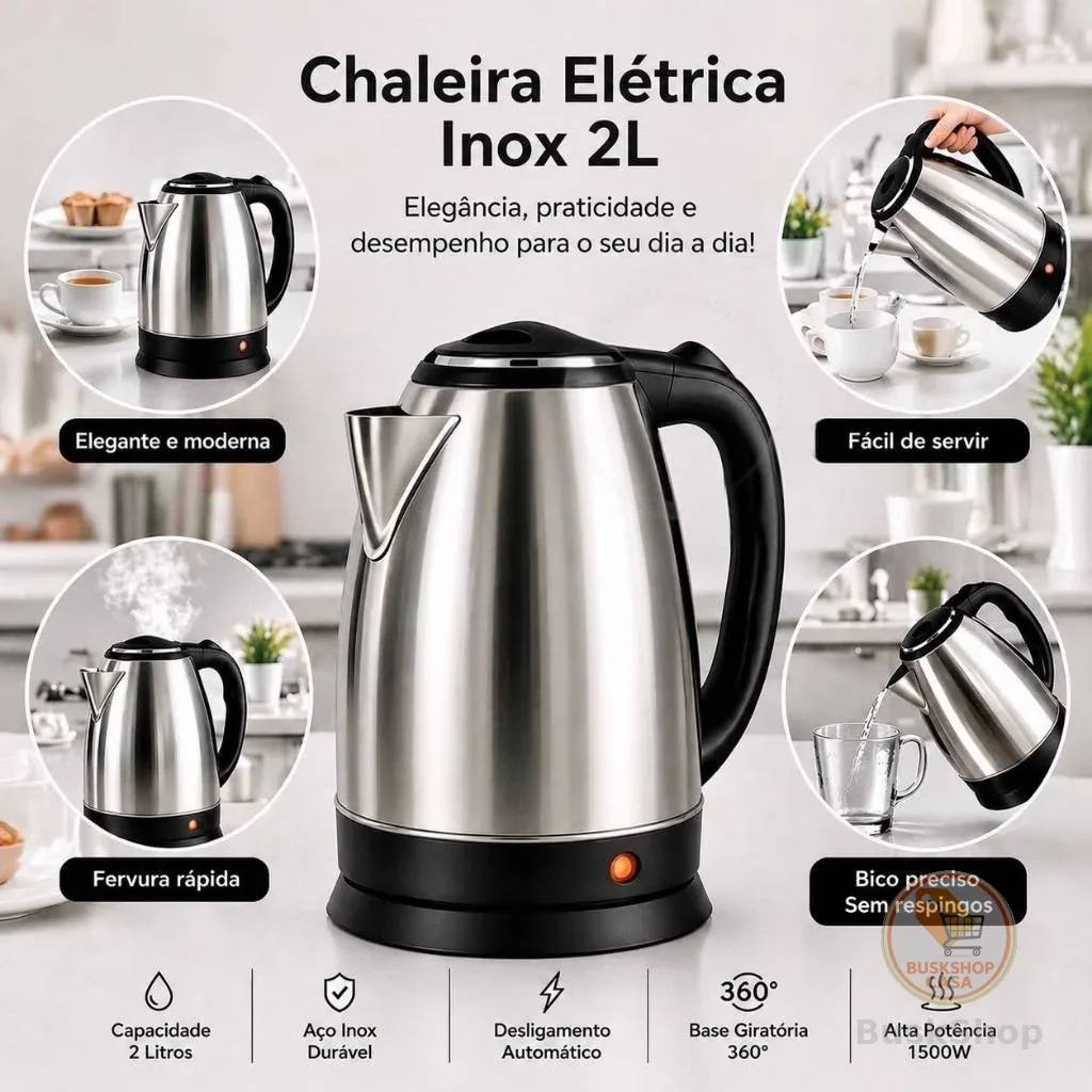 Chaleira Elétrica Inox 2 Litros Bivolt 110 v 220 v  para Café Chá Aquecimento  Rápido
