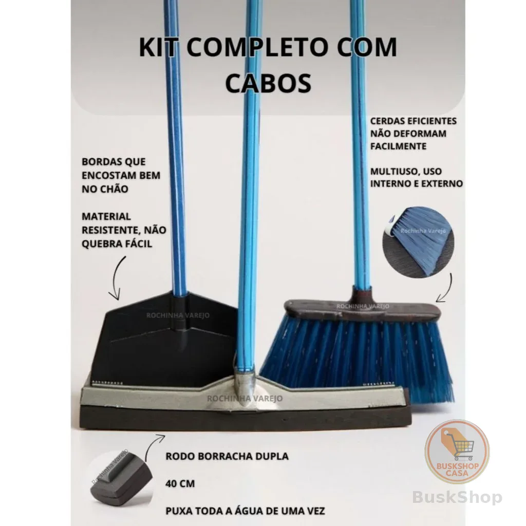 Kit Limpeza Completo Vassoura com Cabo Rodo Duplo 40cm com Cabo e Pá de Lixo com Cabo