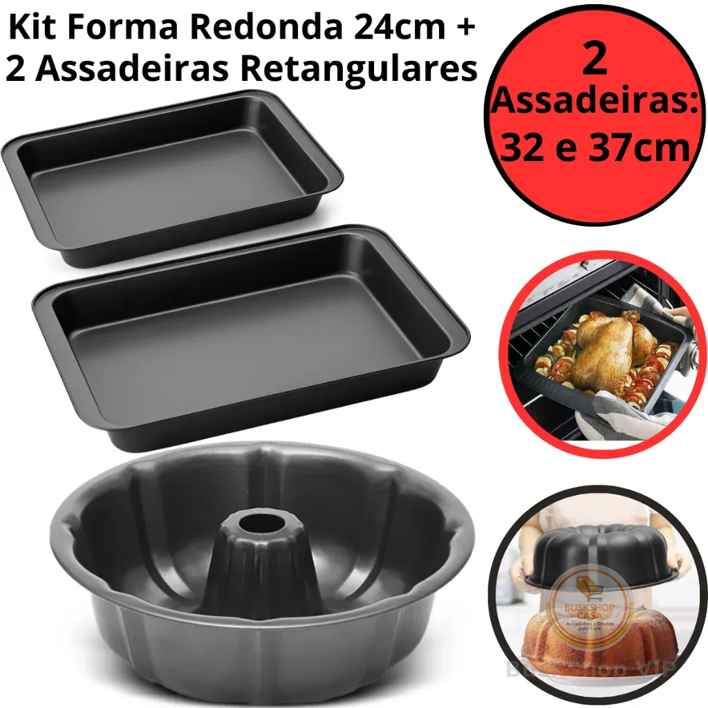 🛍 Kit 2 Formas Assadeira Antiaderente  32 e 37cm + Forma Bolo Furo Central  24cm De Aço Carbono Teflon.