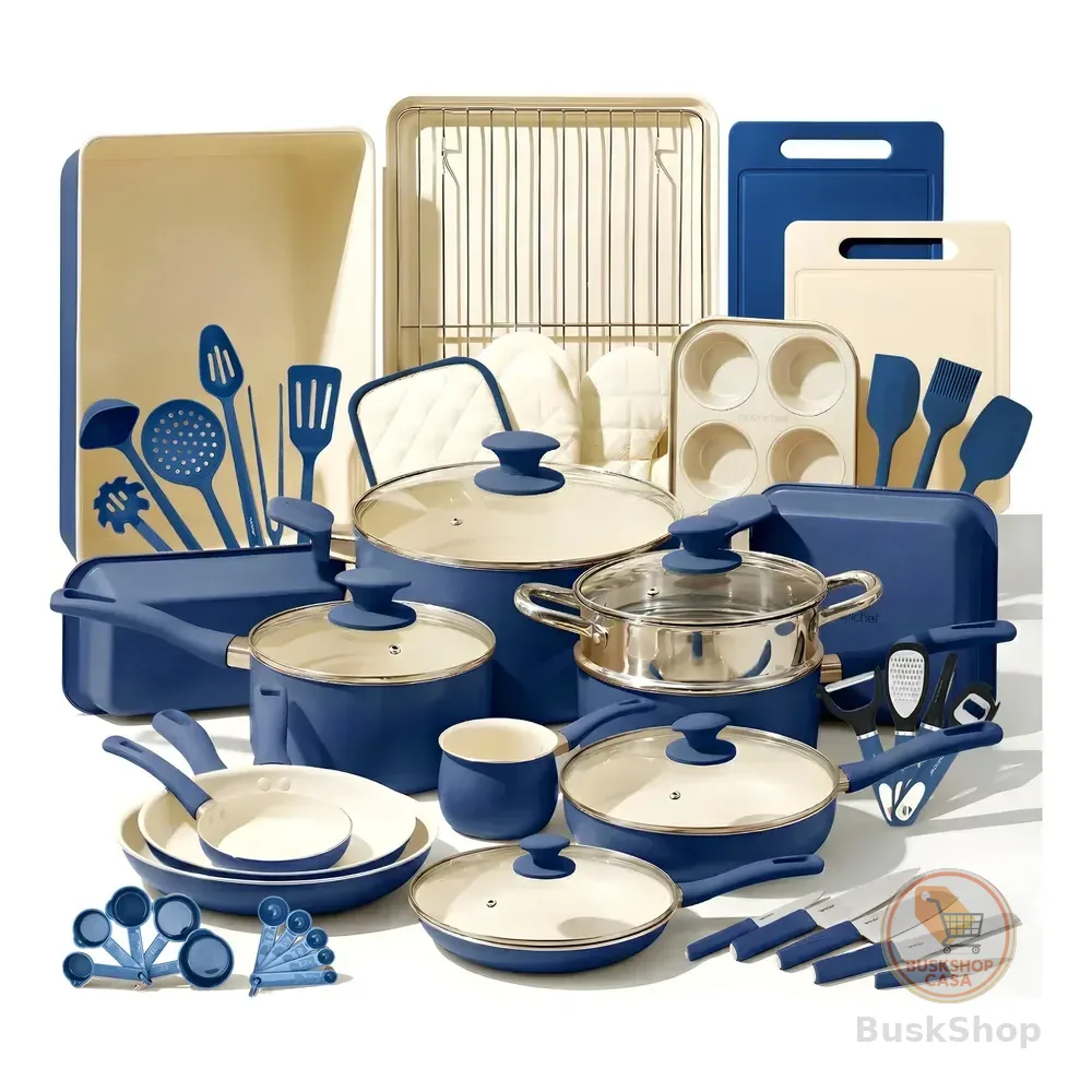 Conjunto De Utensílios De Cozinha Antiaderentes De Cerâmica  Gris Azul