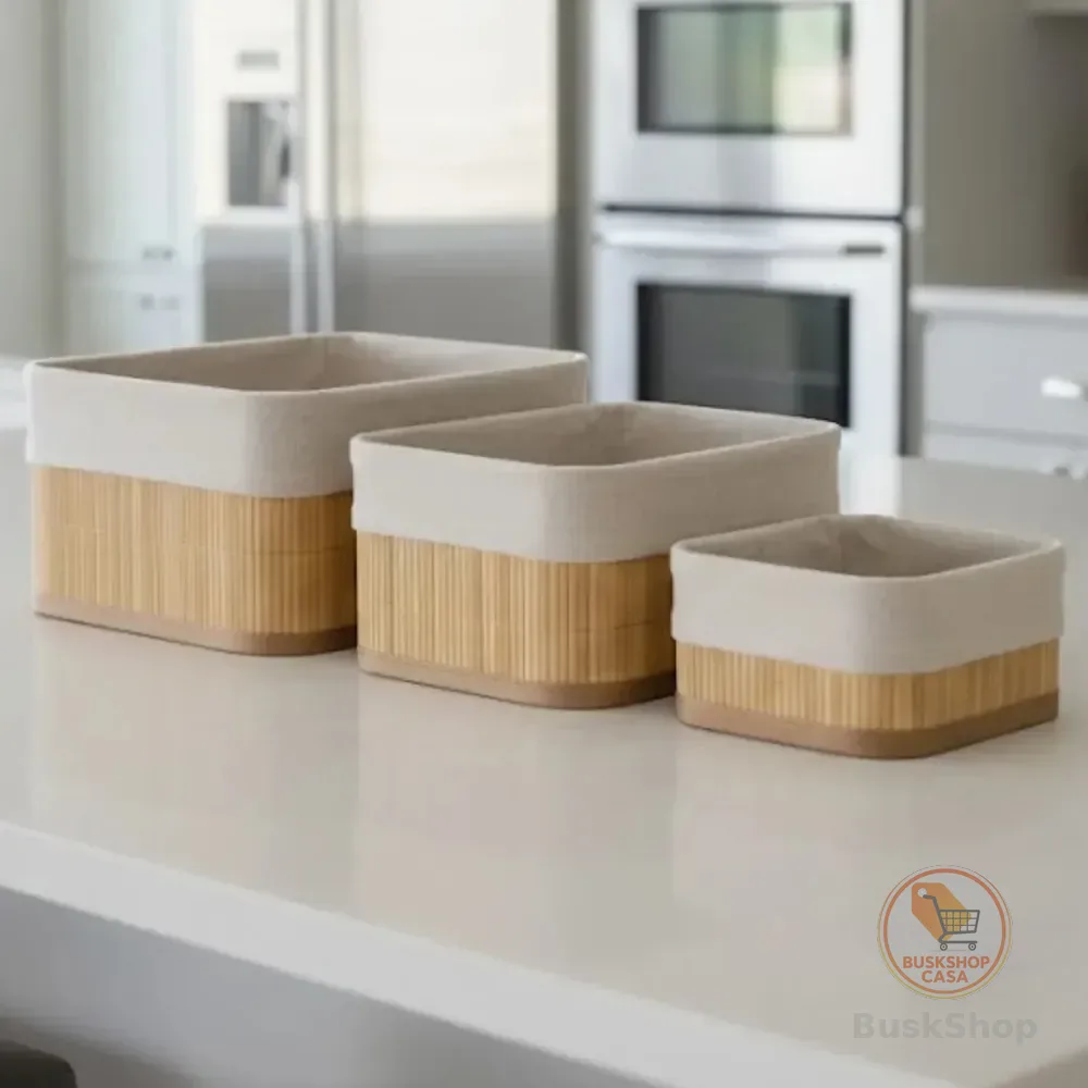 Kit 3 Cestos Organizador De Bambu Com Forro Multiuso Banheiro Cozinha Quarto Kilate Store Marrom-claro