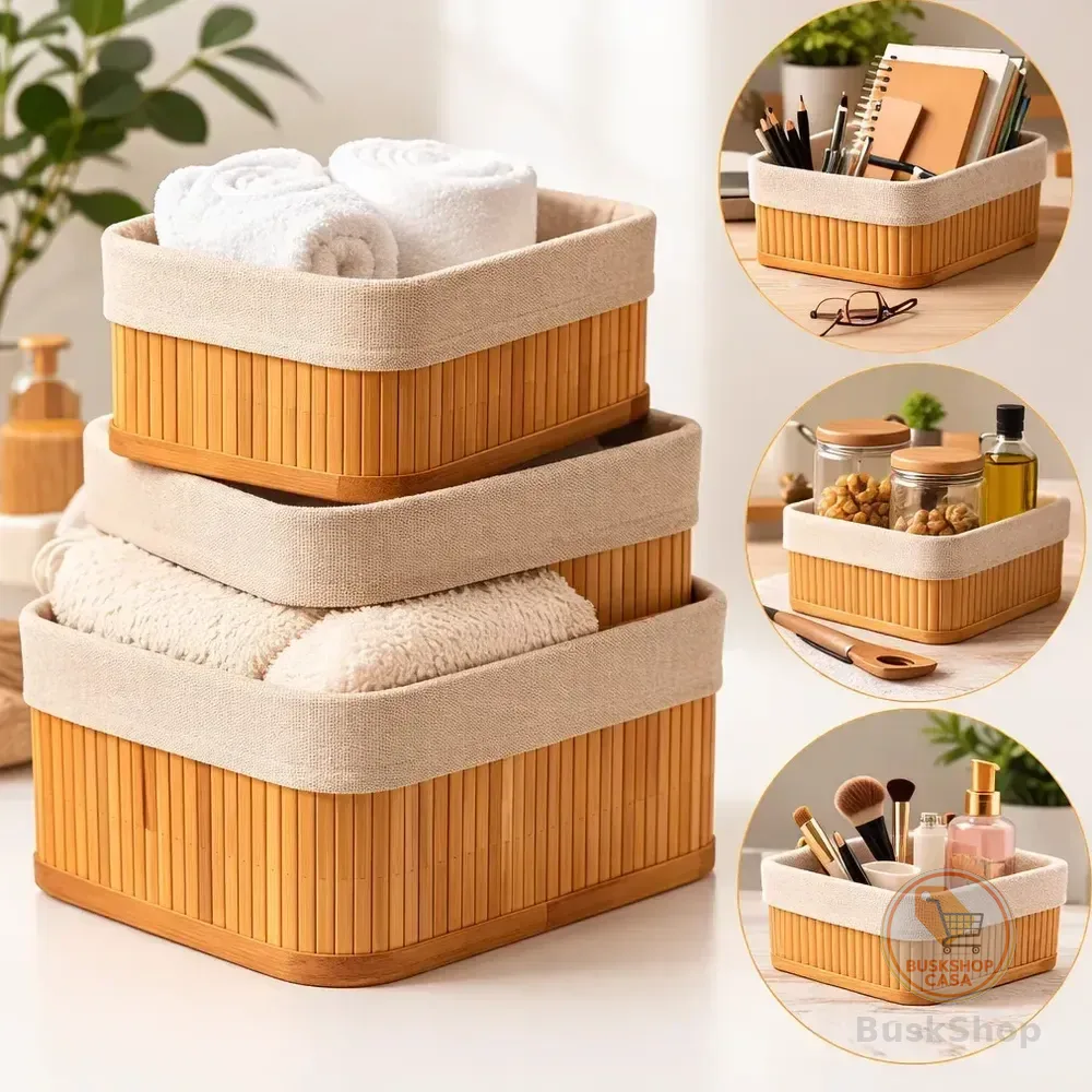 Kit 3 Cestos Organizadores De Bambu Retangulares Com Forro Lavável Multiuso Organizar Casa Banheiro Cozinha Guarda-roupa Lavanderia Armazenamento De Objetos - Nany Pink
