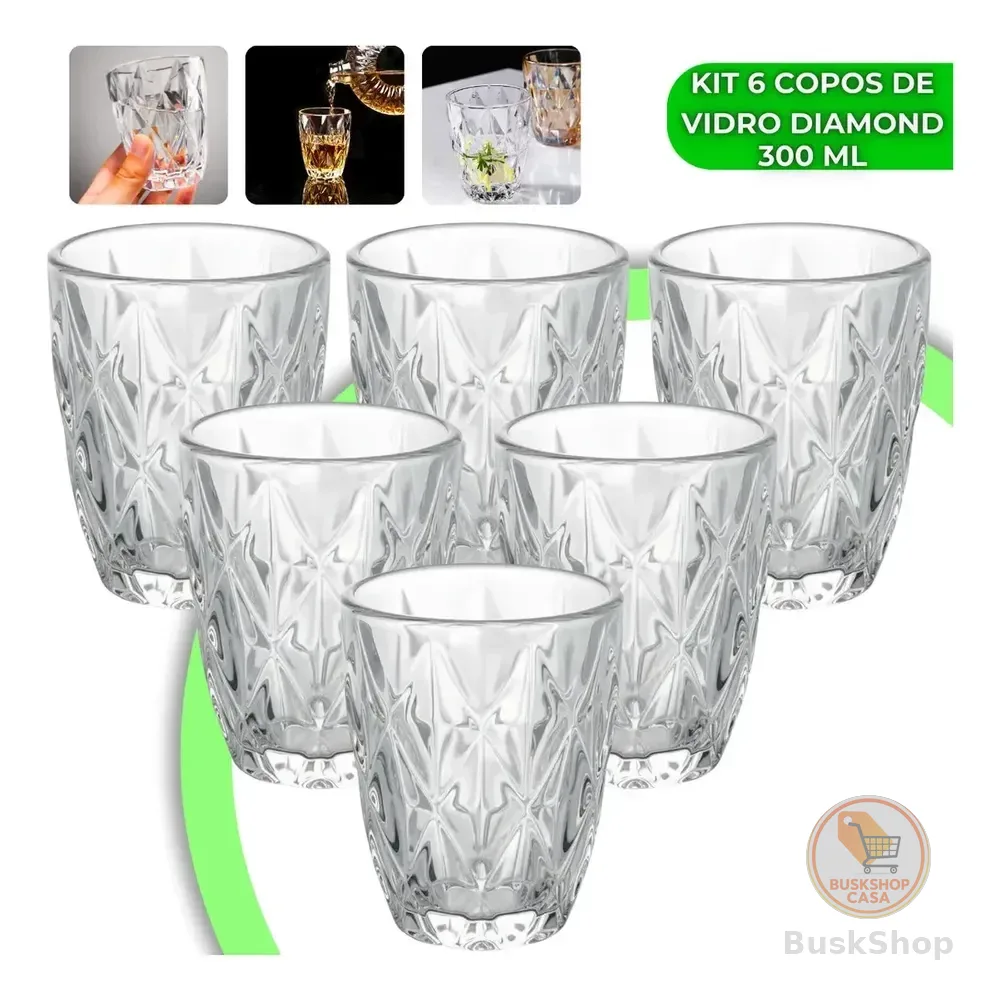 Jogo 6 Copos Diamond 300ml Vidro Grosso Diamante Luxo Moderno Resistente Buffet Casual Baixos Transparente