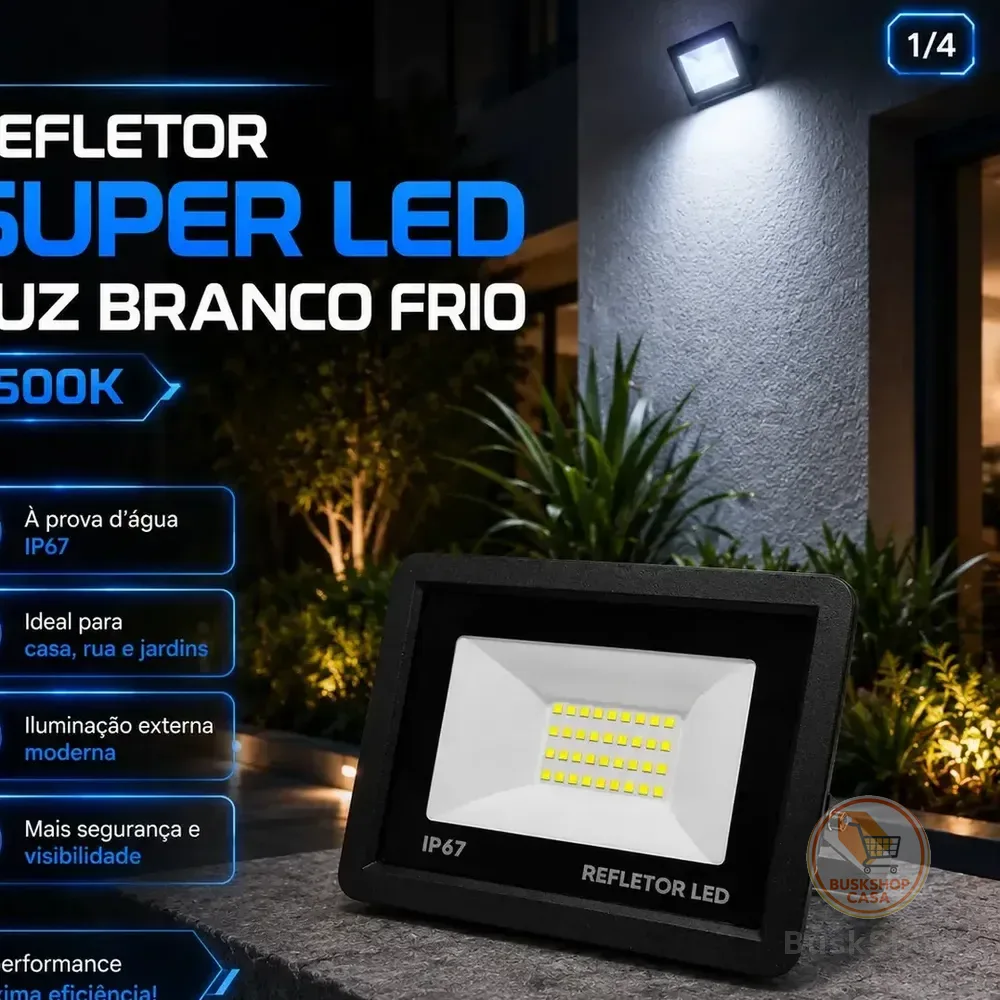Kit 4 Refletores Super Led 200w Holofote Bivolt Ip67 Prova D'água Branco Frio 6500k 127/220v Preto