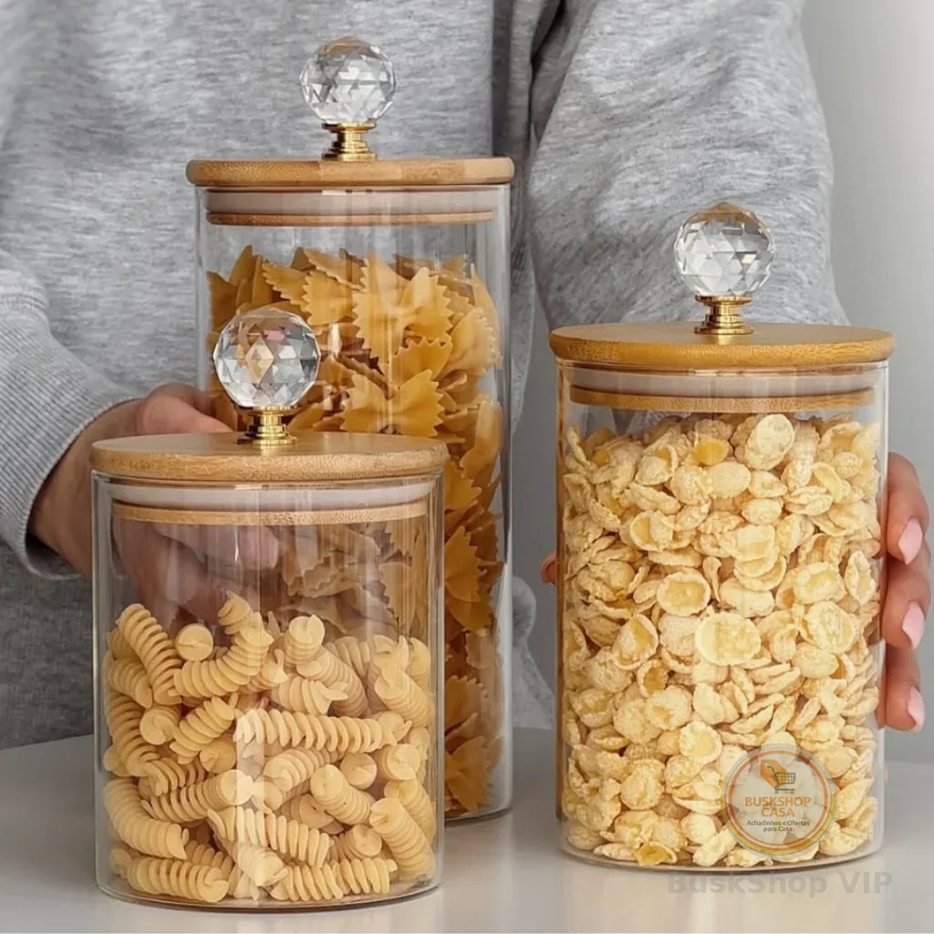 🛍️Kit de Potes de vidro Redondo C/ Cristal e Tampa de Bambu para mantimentos e alimentos