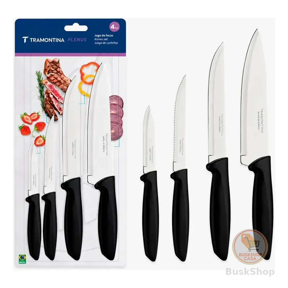 Jogo Facas Tramontina Kit Conjunto Faca Cozinha Churrasco 4p Preto