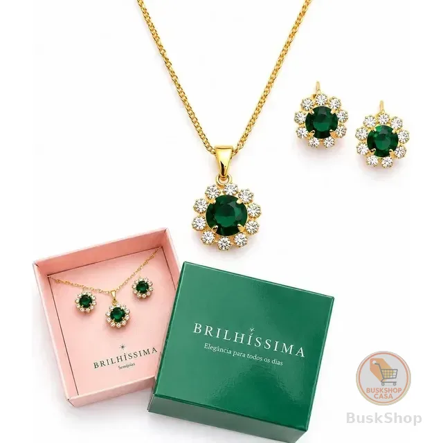 Conjunto Colar Brinco Zirconia Folheado A Ouro Presente