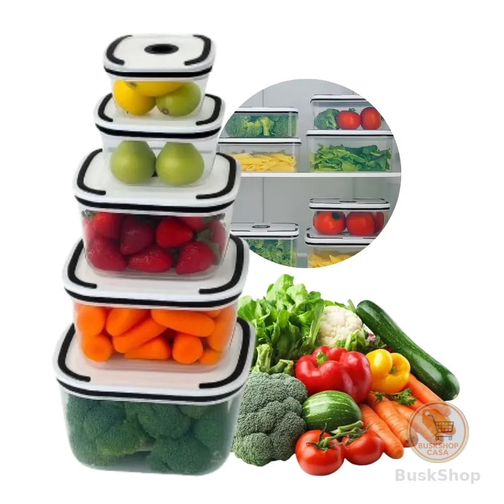 Kit 5 Potes Organizadores Quadrados de Geladeira Hermético Transparente com Borracha Isolante - Organizador de Frutas Legumes Saladas - Sem BPA - Qualidade Premium - UpShop
