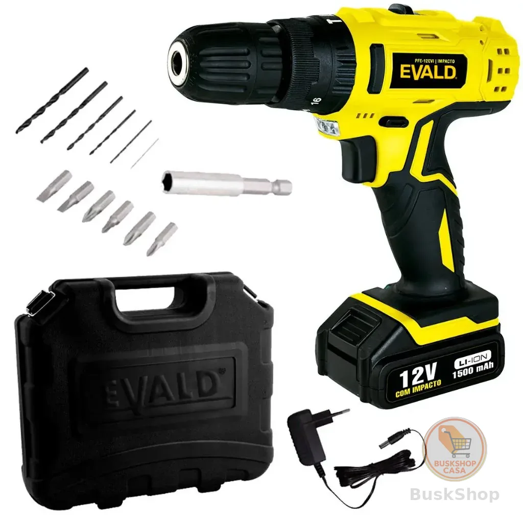 Parafusadeira Furadeira Bateria 12V com Impacto Bivolt PFE-012EVI Maleta e Kit EVALD