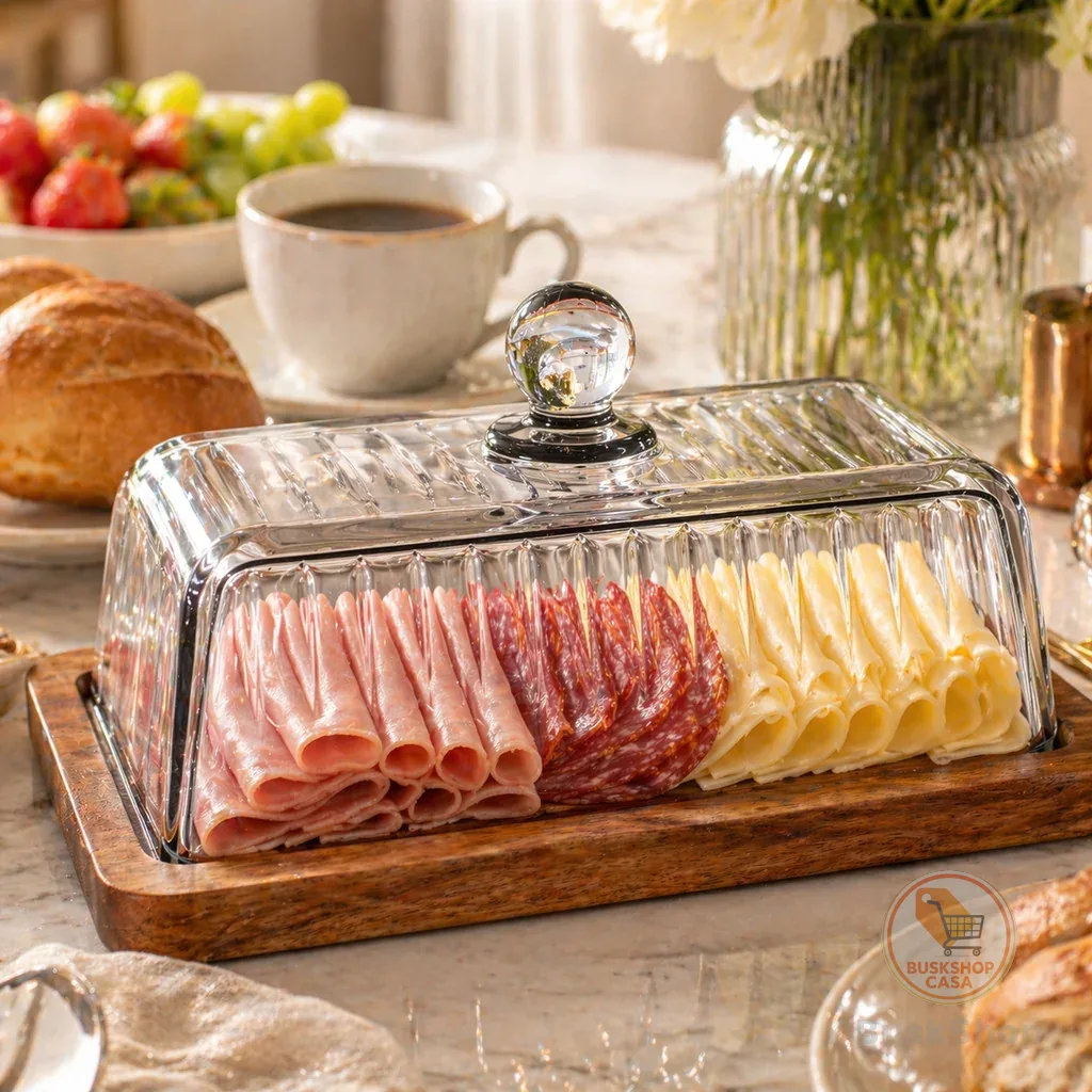 Porta Frios Hauskraft Com Tampa Vidro Cristal Base Em Madeira Acácia Natural Mesa Posta Premium