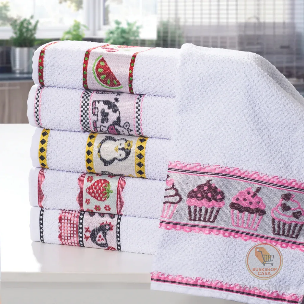 KIt 6 Panos de Prato Atoalhado Toalha de Cozinha Para Louça Branco Barra Jaquard Algodão Com Bainha Guardanapo