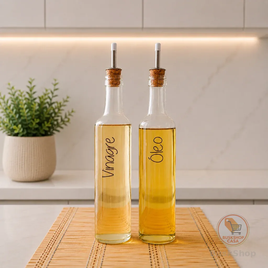 Kit 2 Galheteiros de Vidro 500ml | Bico Dosador Cortiça |  Vinagre | Azeite | Óleo