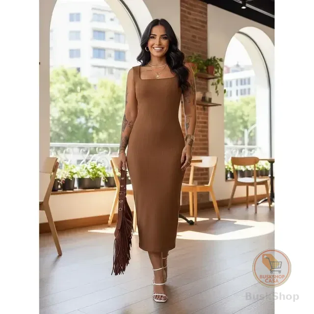 Vestido Longo Casual Festa Alça Grossa Fenda Moda Elegante