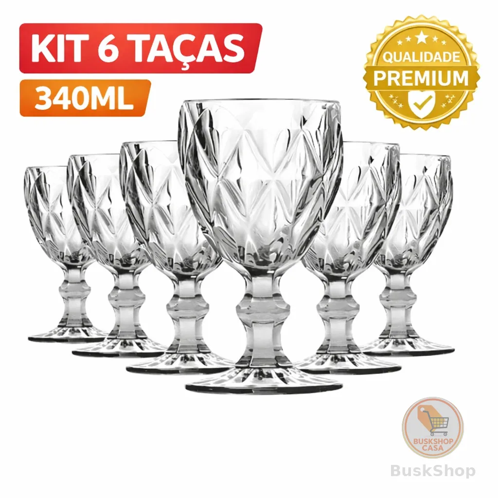 Jogo Taças de Vidro Diamante Bico de Jaca 340ml 6 Peças Premium Mesa Posta Luxo