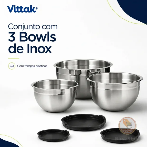 Vittak Kit 3 Bowl Tigela Aço Inox Funda Multiuso Redonda Saladeira Confeitaria Bowls Vasilha Com Tampa