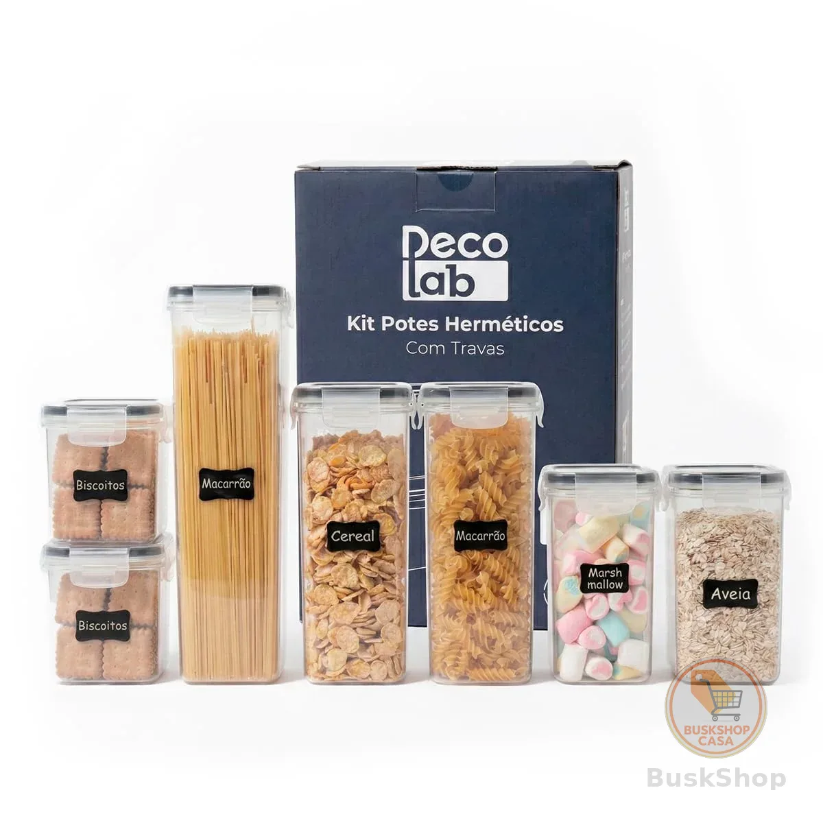 Decolab Kit Potes Herméticos com Vedação de Silicone Plástico BPA Free - Organizador de Geladeira, Porta Cereais, Temperos e Mantimentos (7, Transparente, Retangular) 2x0,8L / 2x1,4L / 2x2,0 / 1x2,8L