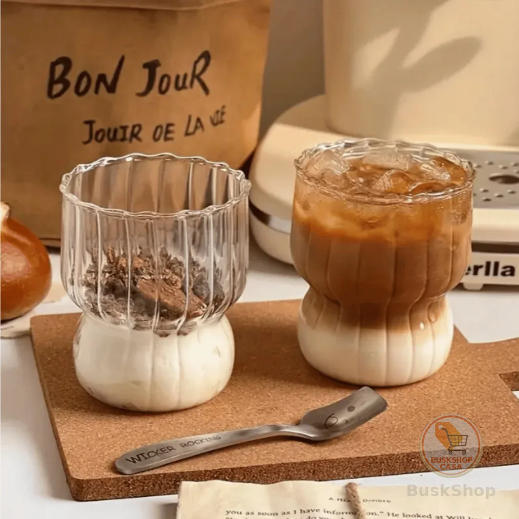 Conjunto Jogo de 2 Copos Fofos Canelado 300ml de Vidro Borossilicato Transparente Vintage Água Suco