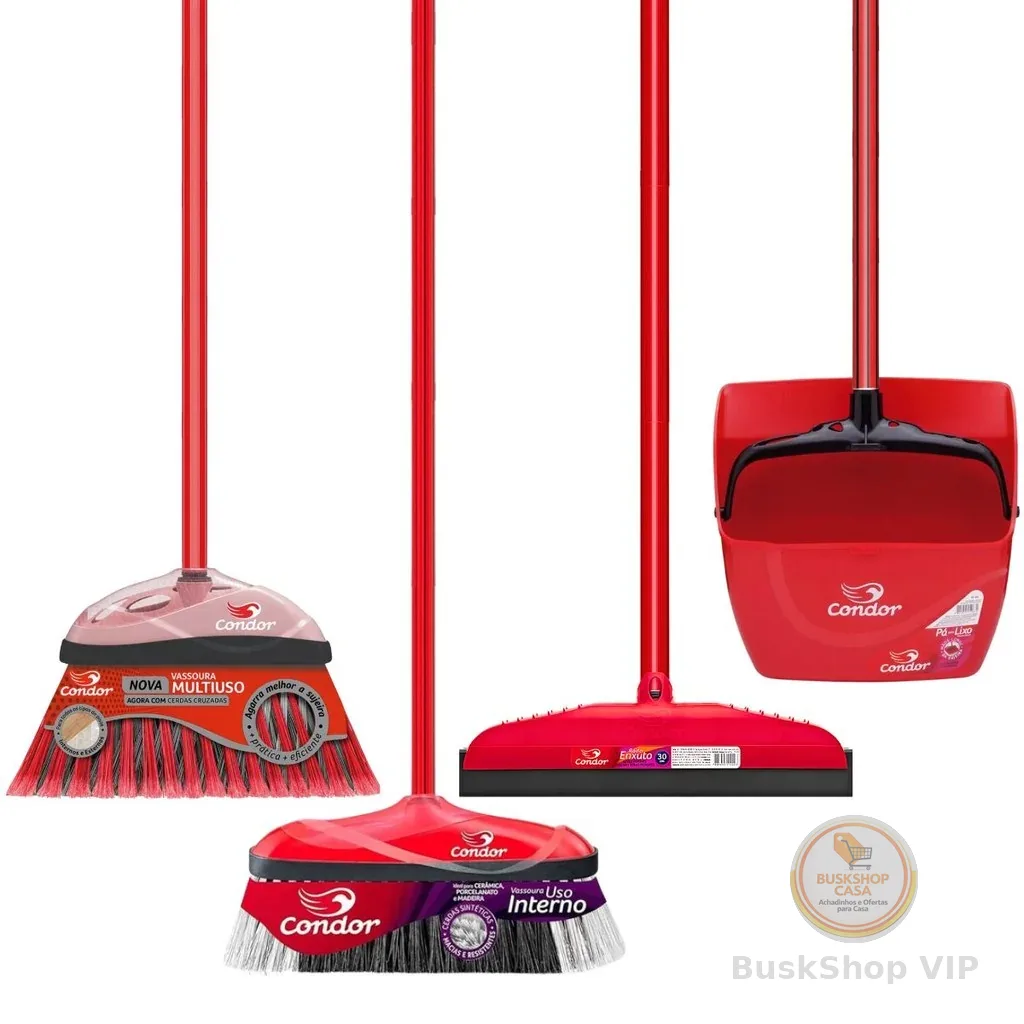 Kit Limpeza 1 Vassoura Varre Muito Interna 1 Varre Fácil 1 Rodo 30cm 1 Pá Caçamba Grande Qualidade Condor