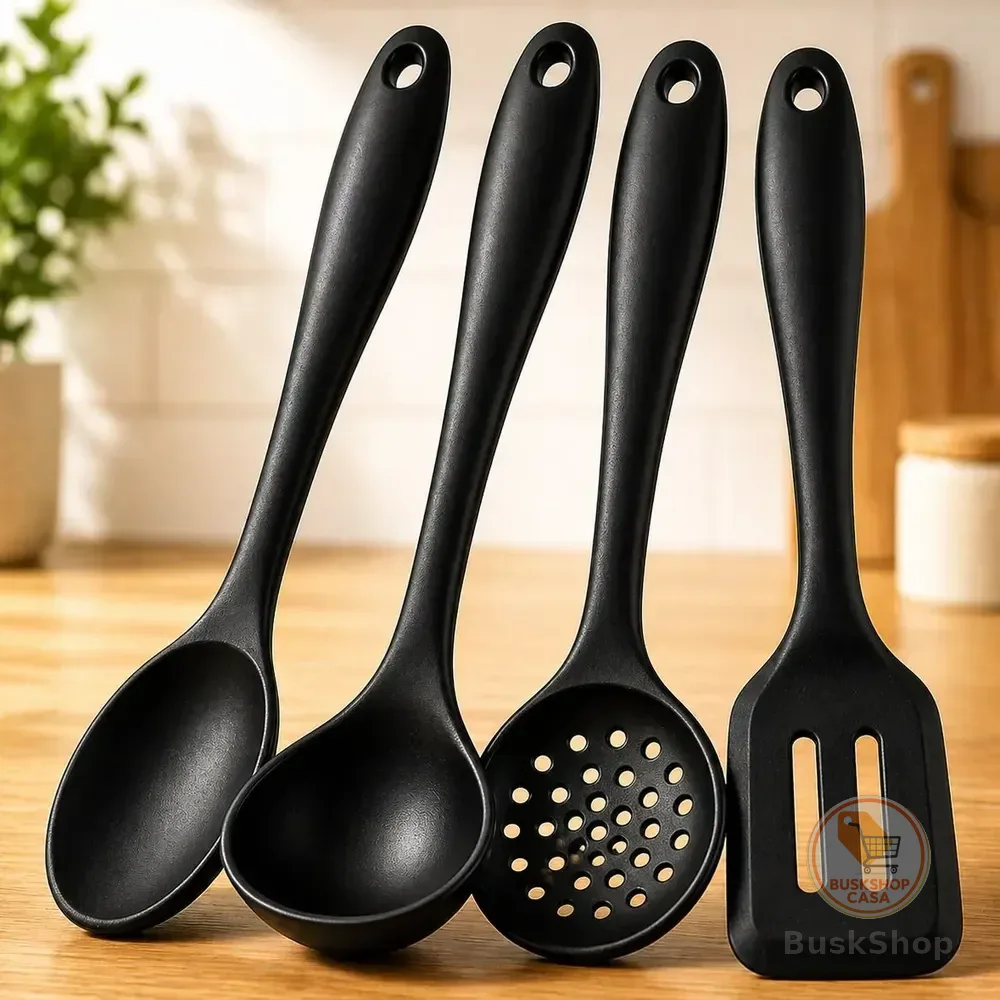 Kit 4 Utensílios Silicone Colher Espátula Concha Escumadeira
