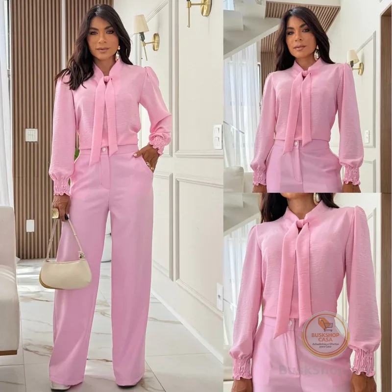 Blusa Feminina Manga Longa Bufante Com Gola De Laço