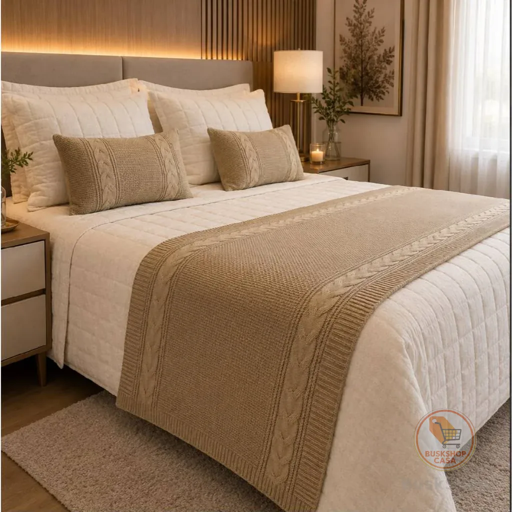 Kit Peseira Tricot Manta Trança Lateral Cama Casal Queen King + 2 Capa Almofada 30x50 Tricot Premium