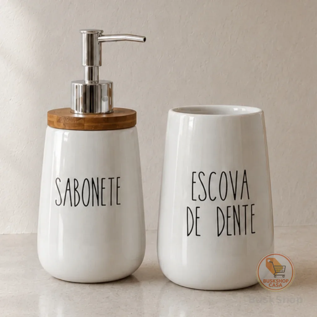Kit Banheiro Cerâmica Branco Dispenser Sabonete e Escova de Dente Pote Banheiro Tampa de bambu 2 Pçs