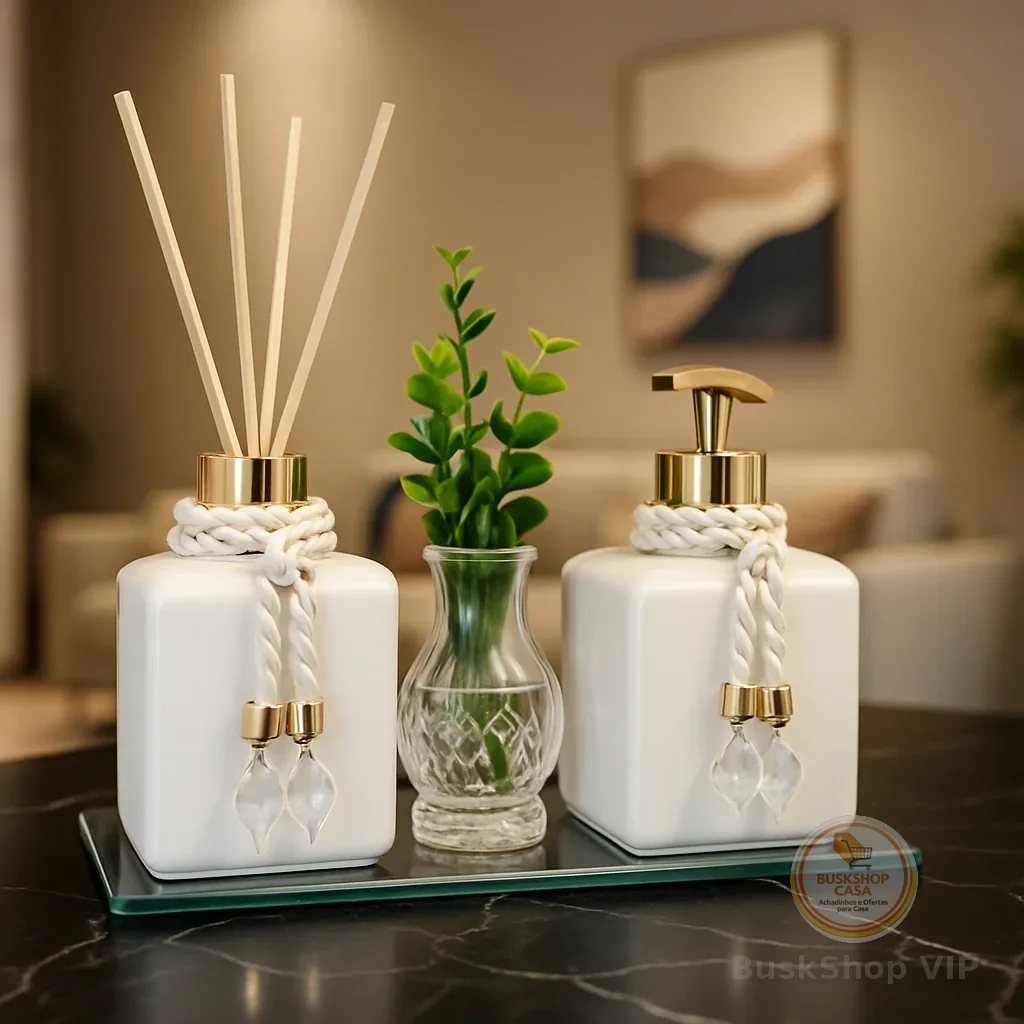 Kit Lavabo Banheiro Moderno  Pet 300ml  Completo Luxo C/ Bandeja Espelhada Decor