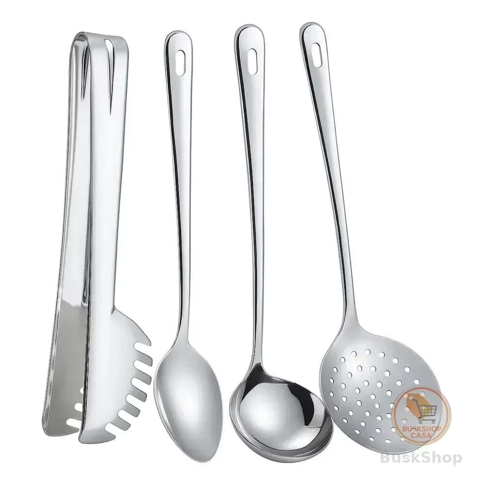 Jogo 4 Utensílios De Cozinha Inox Kit Colher Escumadeira Concha Pegador Aço Inoxidável Cabo Resistente Para Preparar Servir Receitas Panelas Gourmet Prateado