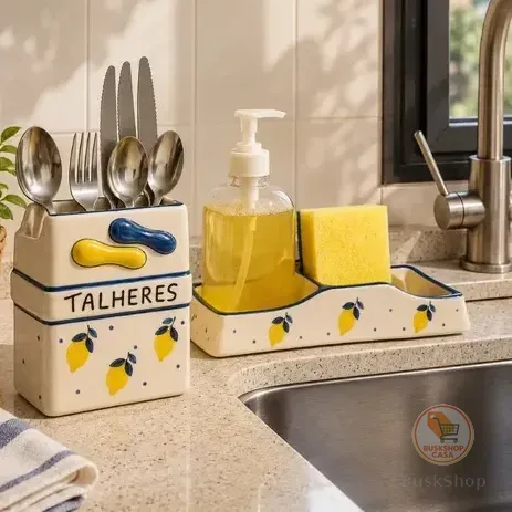 Porta Detergente E Porta Talheres Cerâmica Pia Cozinha Luxo Limão