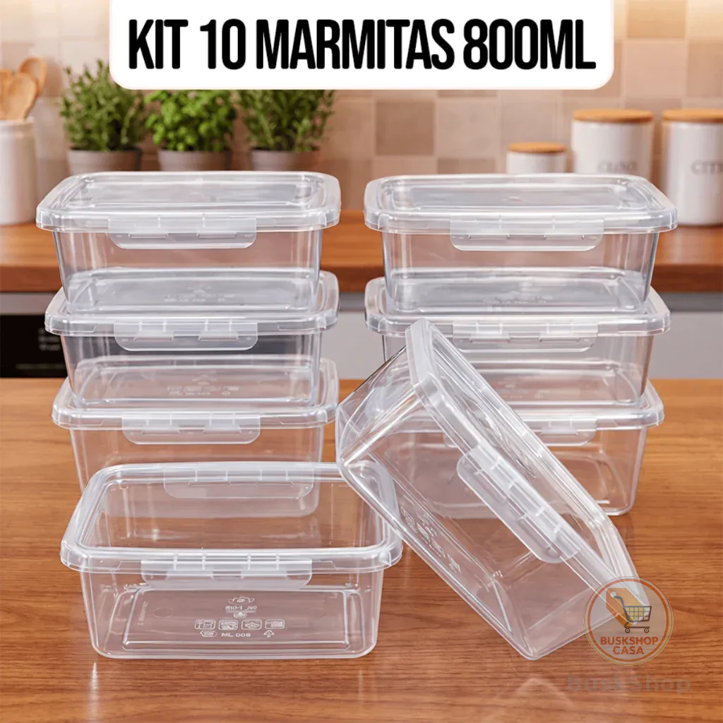 Kit 10 Marmitas Potes 800ml Travas Laterais hermeticas - Livres de BPA Alimentos organiza congelador - KAZIVA