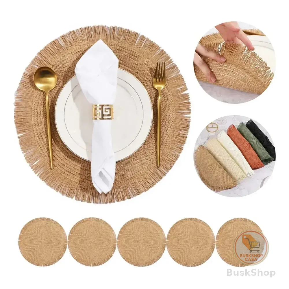 Kit 6 Jogos Americanos Redondos Sousplat Trançados De Papel Com Franjas, 38  Para Mesa Posta Rústica Marrom-claro Listras