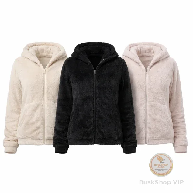 Jaqueta Feminina Fleece com Capuz e Zíper Manga Longa Quentinha Confortável