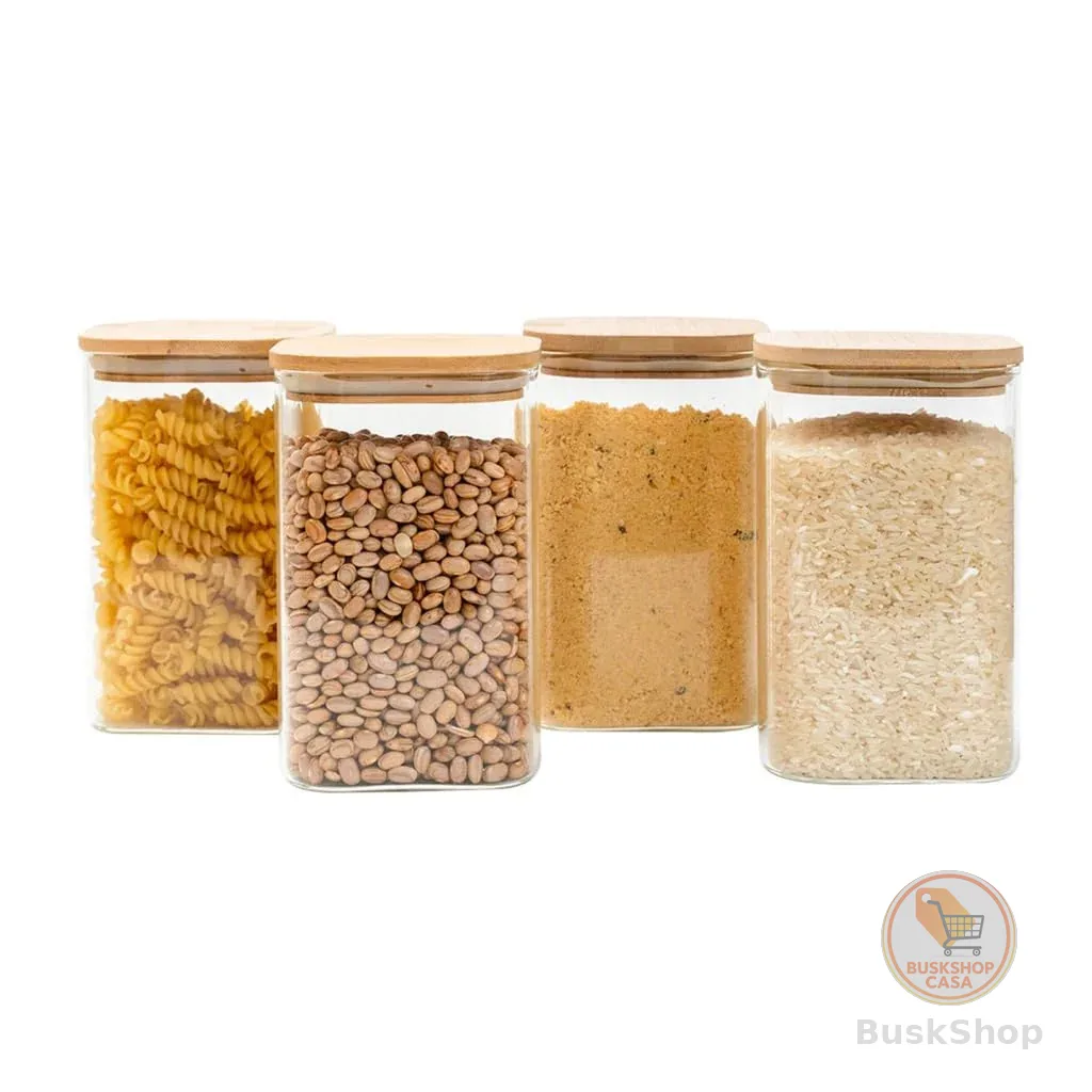Kit 4 potes de vidro 1,1L tampa de bambu herméticos quadrado - Tüd